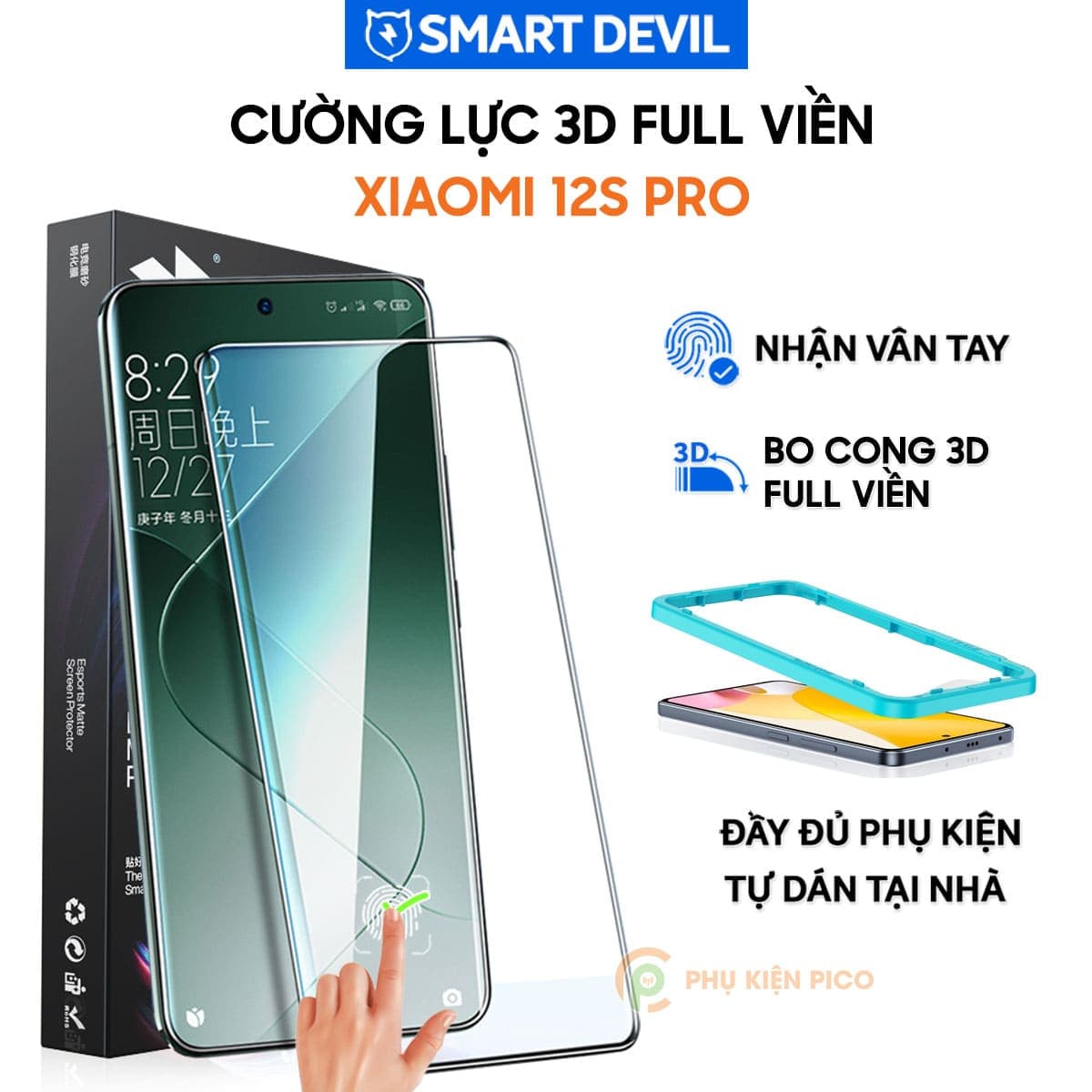 Kính cường lực Xiaomi 12S Pro viền đen 3D nhận vân tay màn hình Smart Devil - Dán màn hình Xiaomi Mi 12S Pro