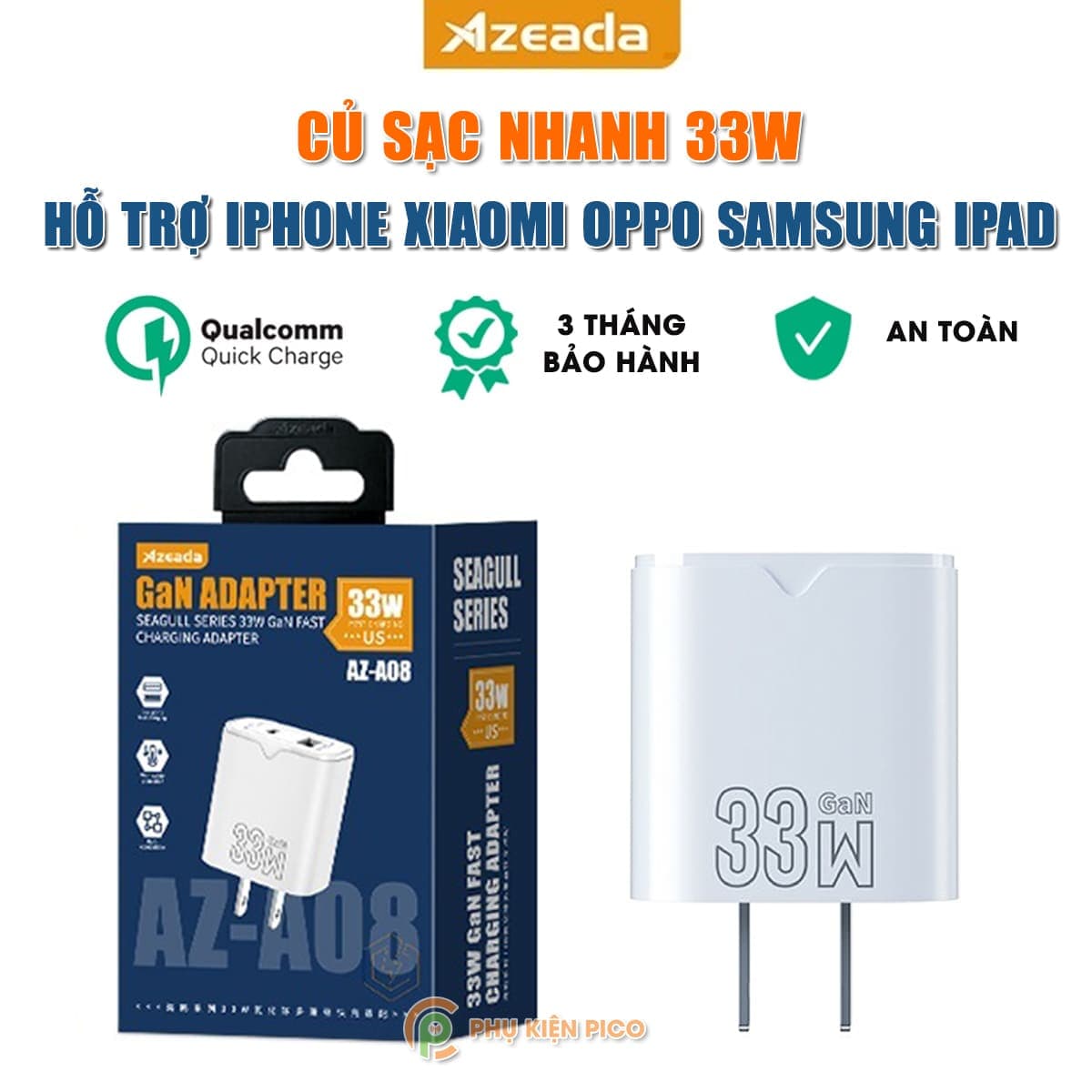 Củ sạc nhanh 33W Azeada PD GAN 2 cổng Type C usb A Bộ Sạc hỗ trợ iPhone Xiaomi Oppo Samsung iPad quick charge adapter