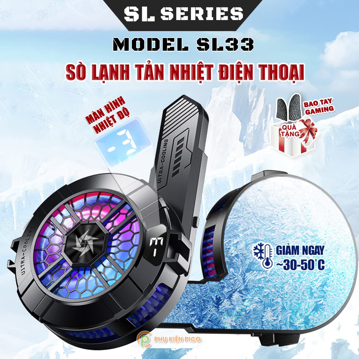 Quạt sò lạnh tản nhiệt điện thoại máy tính bảng SL33 sò lạnh từ tính 2024 led RGB hiển thị nhiệt độ