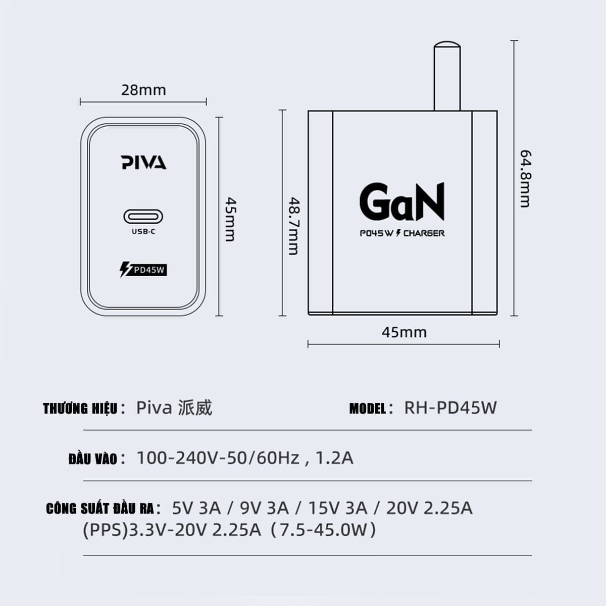 Củ sạc nhanh 45W Piva PD GaN Type C hỗ trợ sạc siêu nhanh 2.0 Bộ Sạc hỗ trợ iPhone Xiaomi Oppo Samsung iPad quick charge adapter - 9