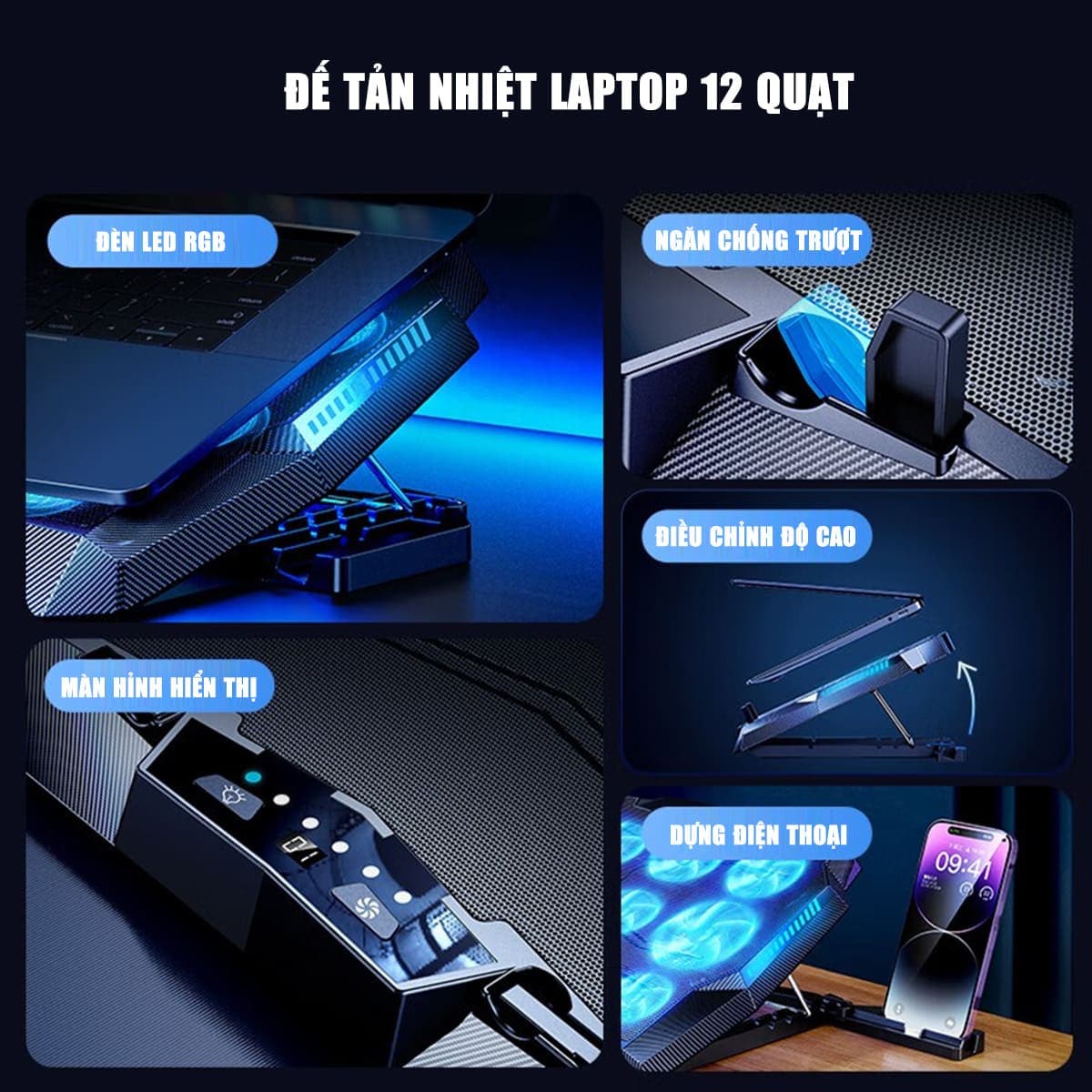 Đế tản nhiệt laptop gaming FL03 12 quạt giá đỡ laptop đèn led rgb chỉnh tốc độ gió làm mát nhanh chống ồn - 12