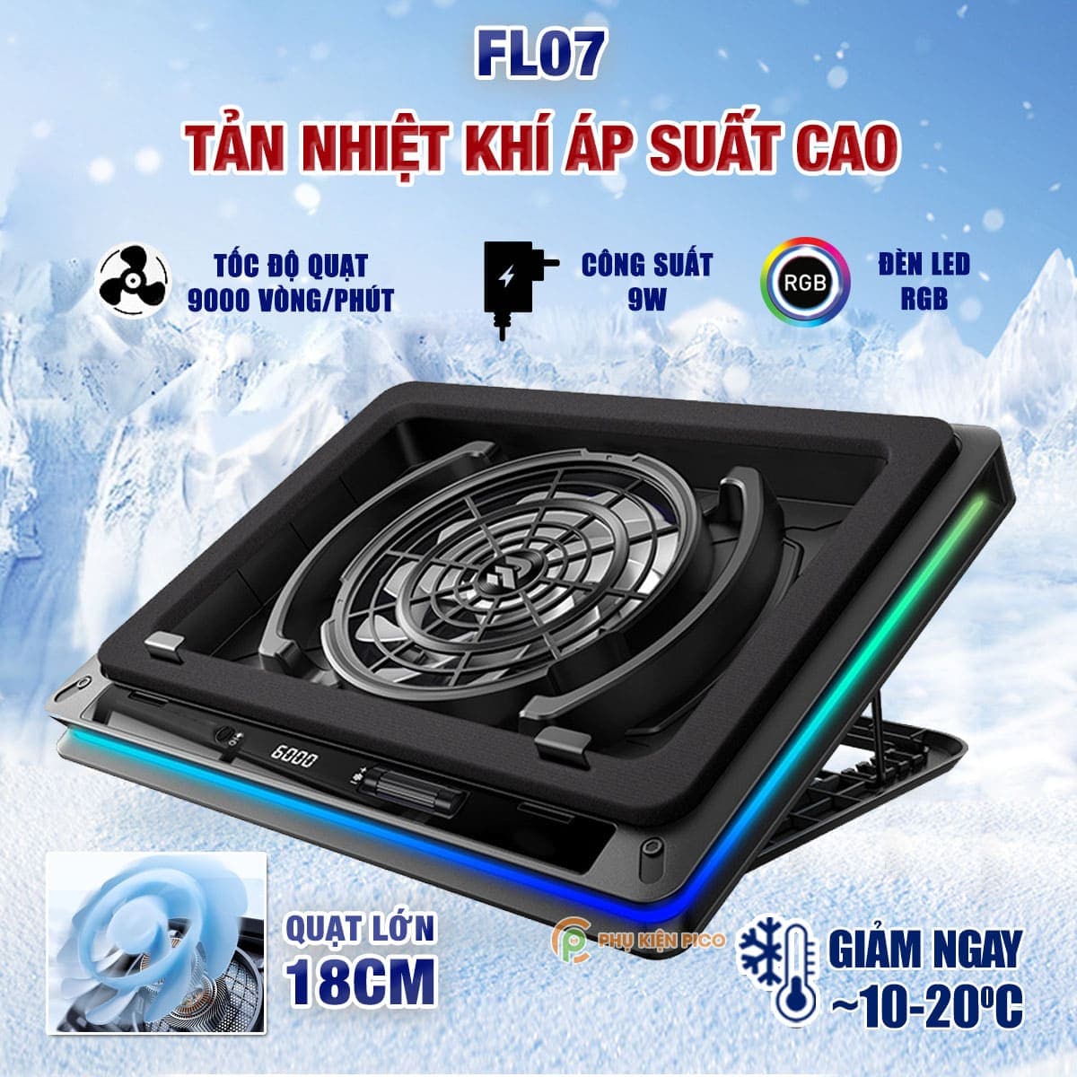 Đế tản nhiệt laptop FL07 quạt lớn 18cm tản khí nén turbo 9000RPM giảm nhiệt thực sự chuyên dụng cho Laptop đồ họa gaming