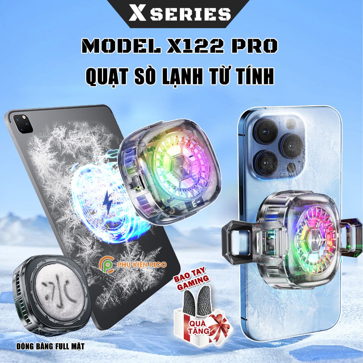 Quạt tản nhiệt sò lạnh điện thoại máy tính bảng X122 Pro đóng băng full mặt màn hình hiển thị nhiệt led RGB