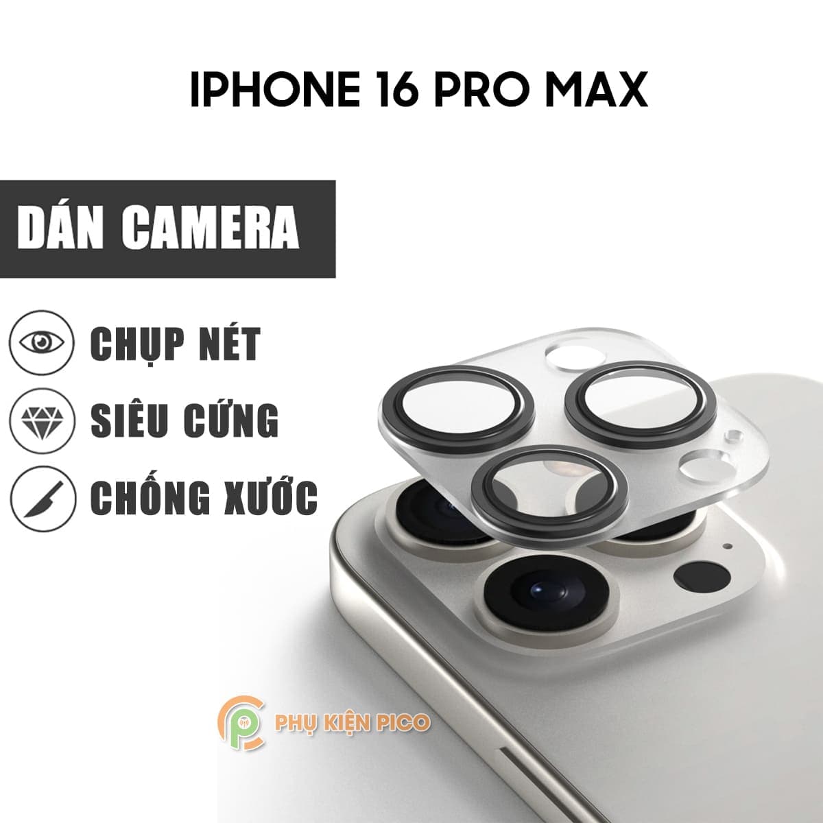 Dán camera Iphone 16 Pro Max cường lực camera thấu kính nổi 3D độ cứng 9H trong suốt