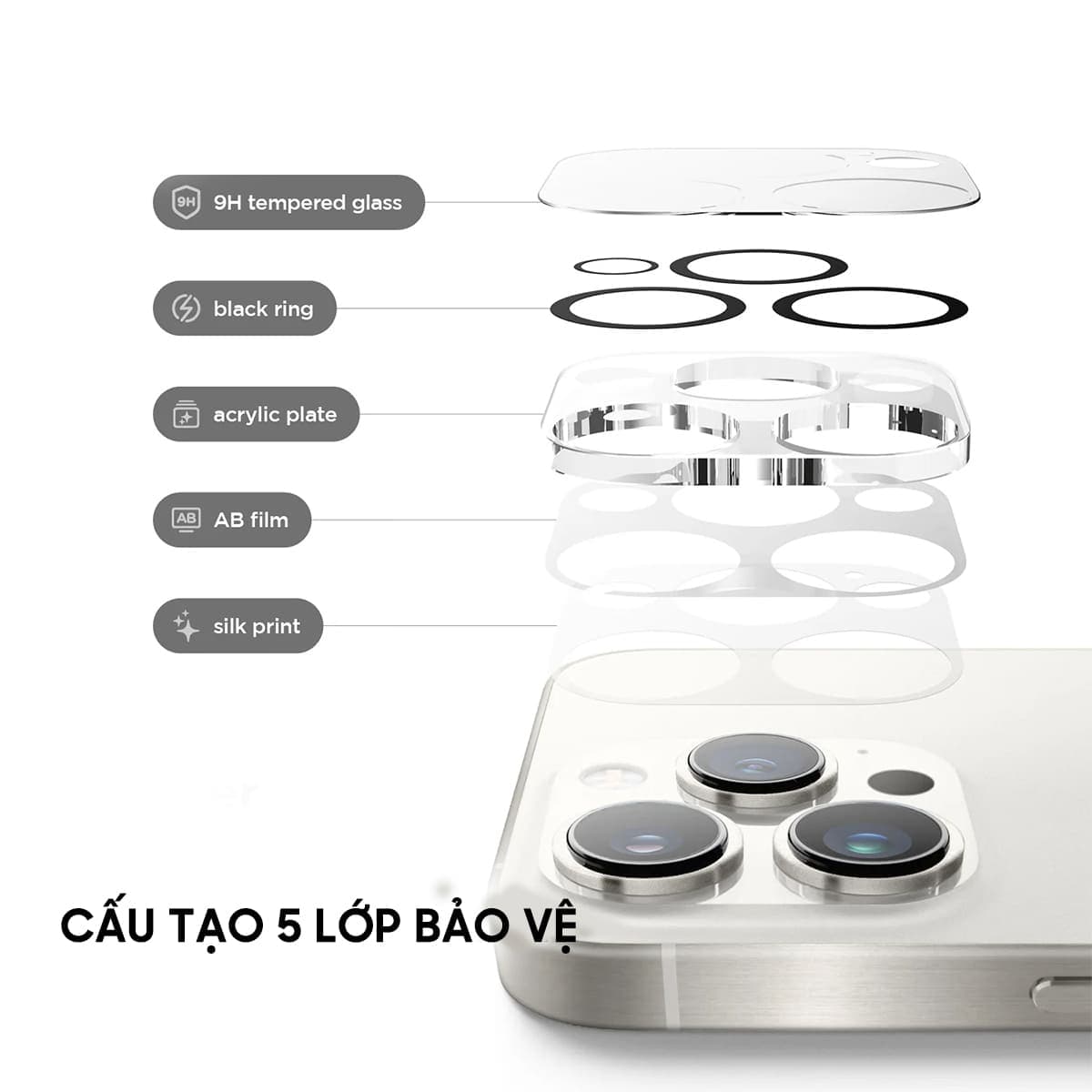 Dán camera Iphone 16 Pro cường lực camera thấu kính nổi 3D độ cứng 9H trong suốt - 7