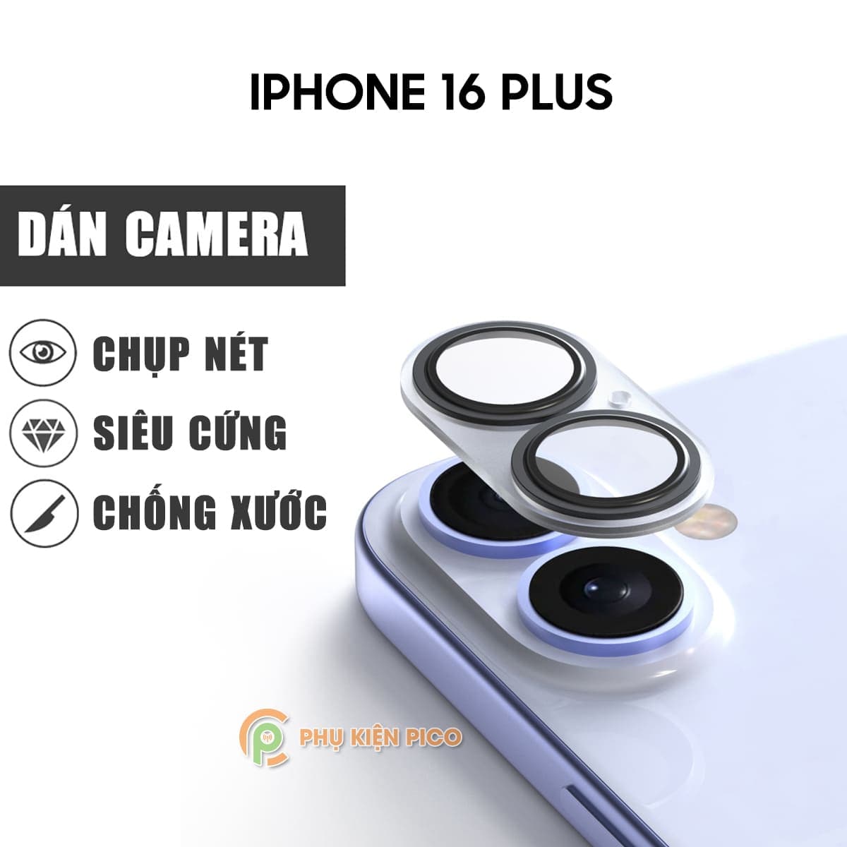 Dán camera Iphone 16 Plus cường lực camera thấu kính nổi 3D độ cứng 9H trong suốt