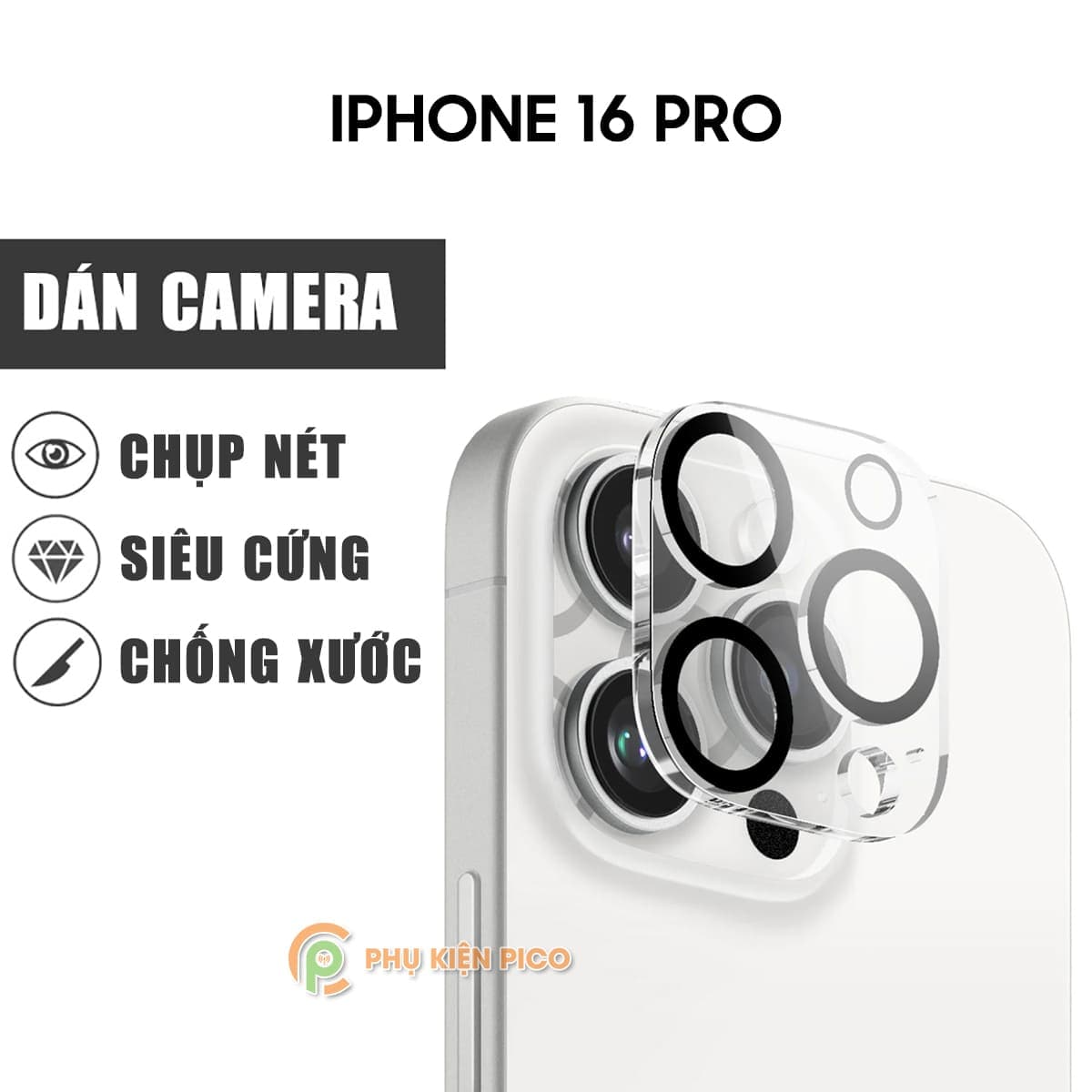 Dán camera Iphone 16 Pro cường lực camera thấu kính nổi 3D độ cứng 9H trong suốt