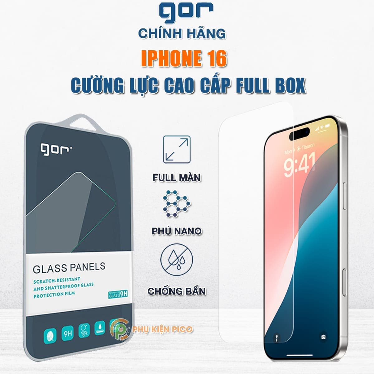 Kính cường lực Iphone 16 trong suốt full màn hình chính hãng GOR