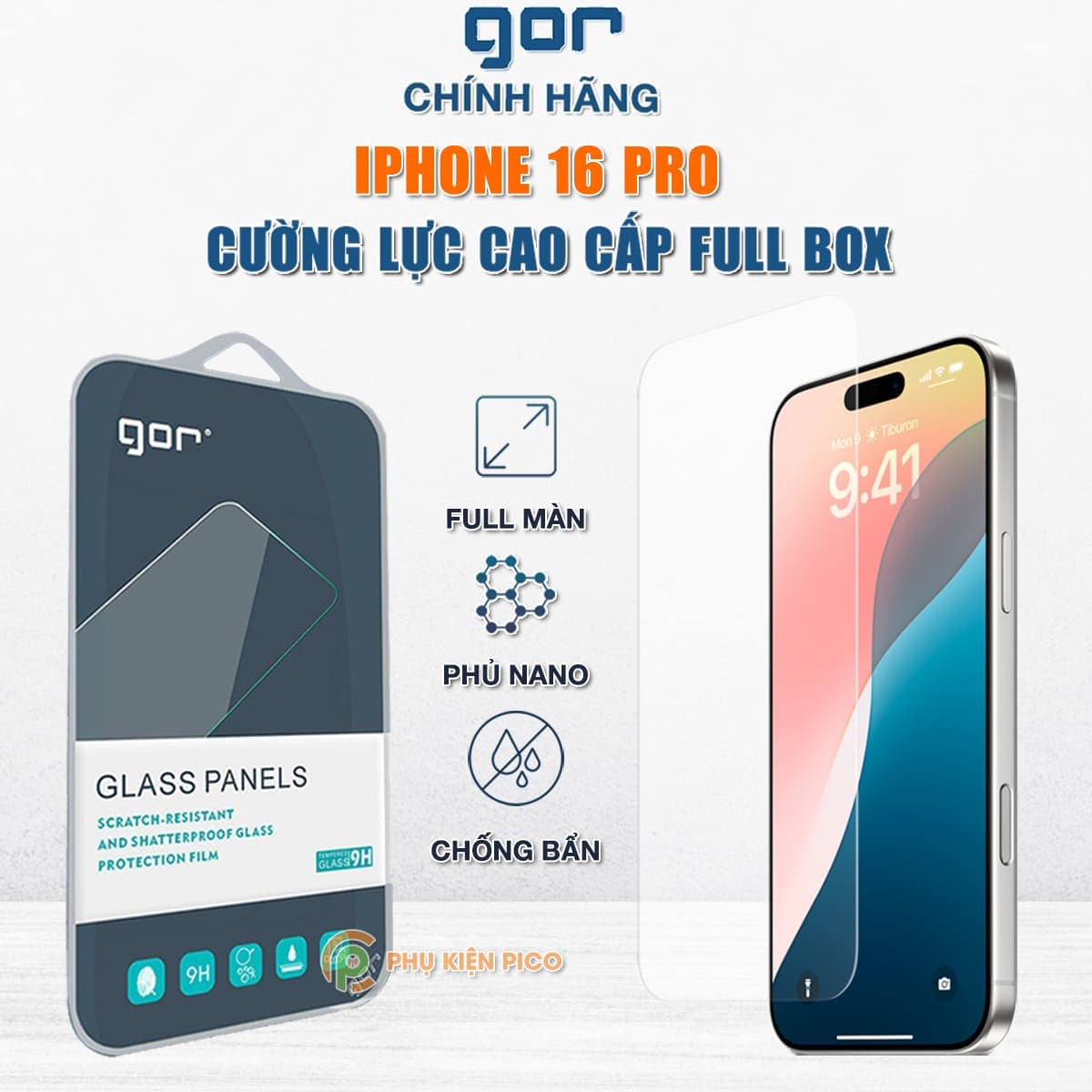 Kính cường lực Iphone 16 Pro trong suốt full màn hình chính hãng GOR