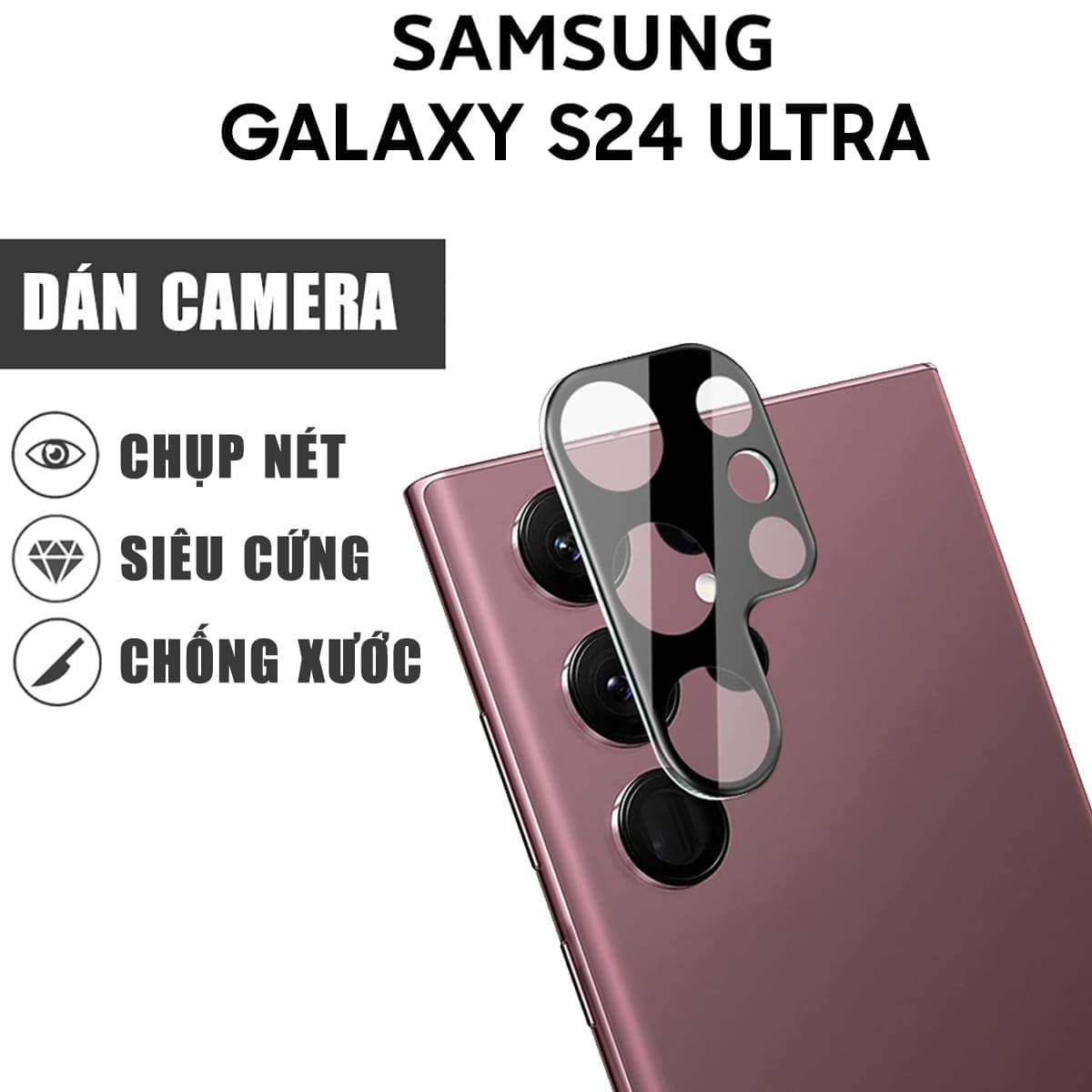 Dán cường lực camera Samsung Galaxy S24 Ultra thấu kính nổi 3D độ cứng 9H trong suốt