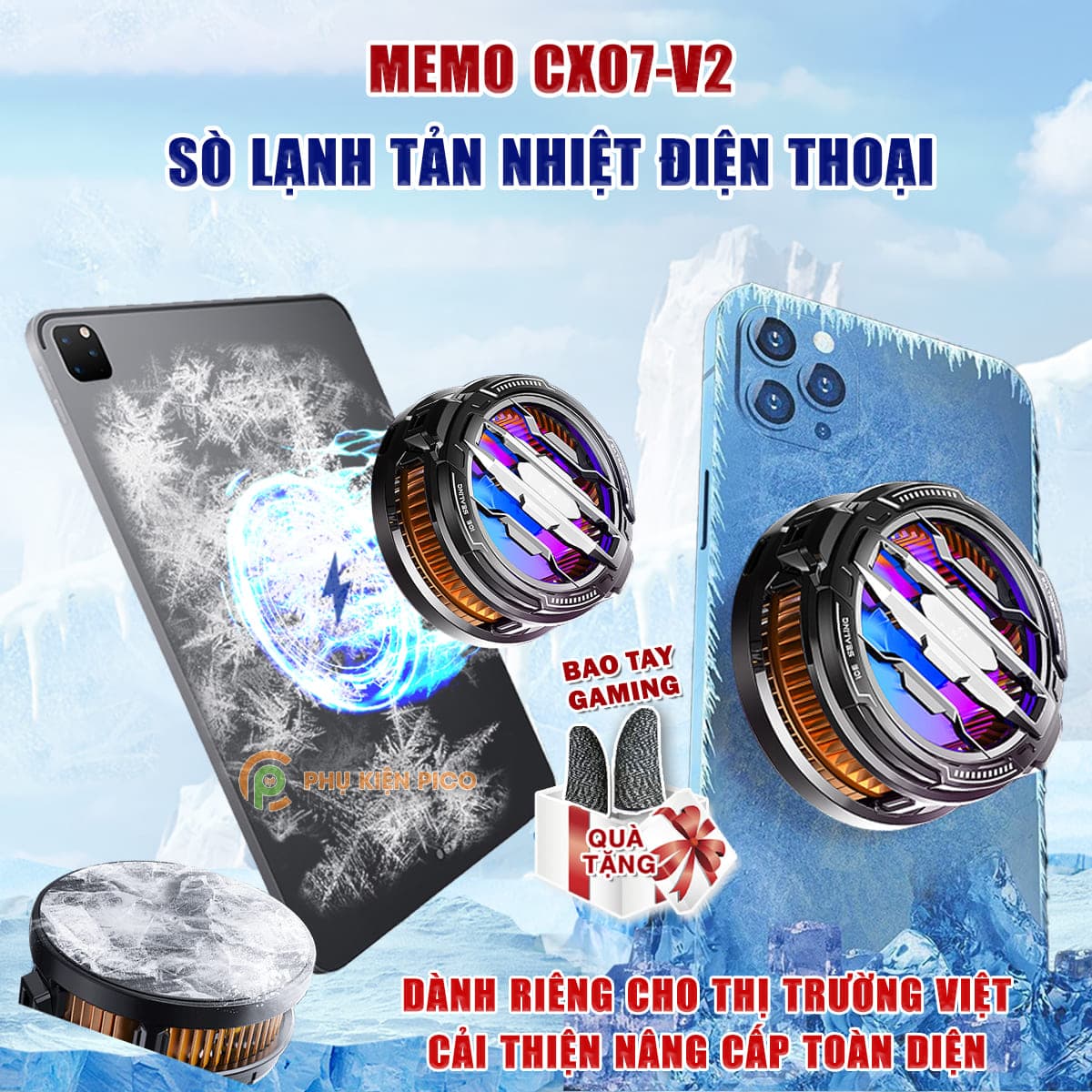 Quạt sò lạnh tản nhiệt điện thoại Ipad Memo CX07 V2 Led RGB bản nâng cấp toàn diện đóng băng full mặt
