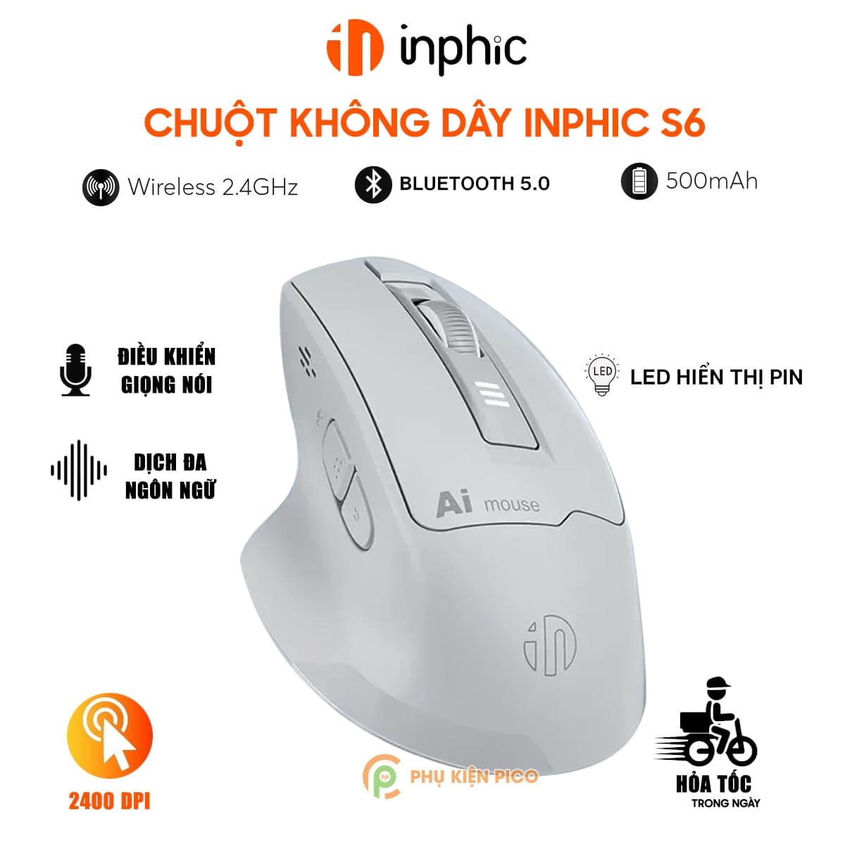 Chuột không dây Bluetooth Inphic S6 DPI 2400 - Chuột Voice AI điều khiển giọng nói chống ồn, pin sạc Type-C