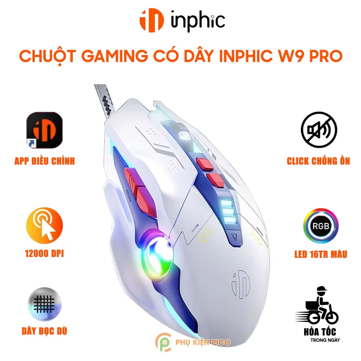 Chuột có dây gaming Inphic W9 Pro game FPS 12000 DPI công thái học - Chuột Inphic W9 Pro Gundam Led RGB