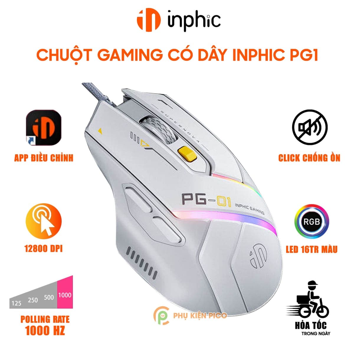 Chuột có dây Inphic PG1 gaming 12800 DPI chuyên game FPS hỗ trợ app led RGB - Chuột Inphic Game có dây