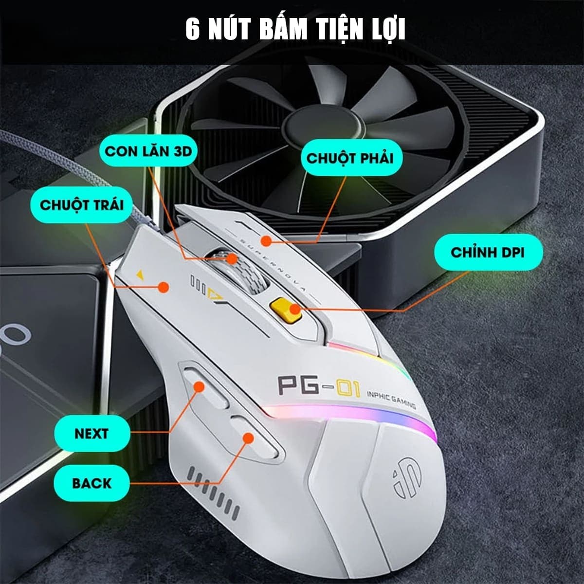Chuột có dây Inphic PG1 gaming 12800 DPI chuyên game FPS hỗ trợ app led RGB - Chuột Inphic Game có dây - 9