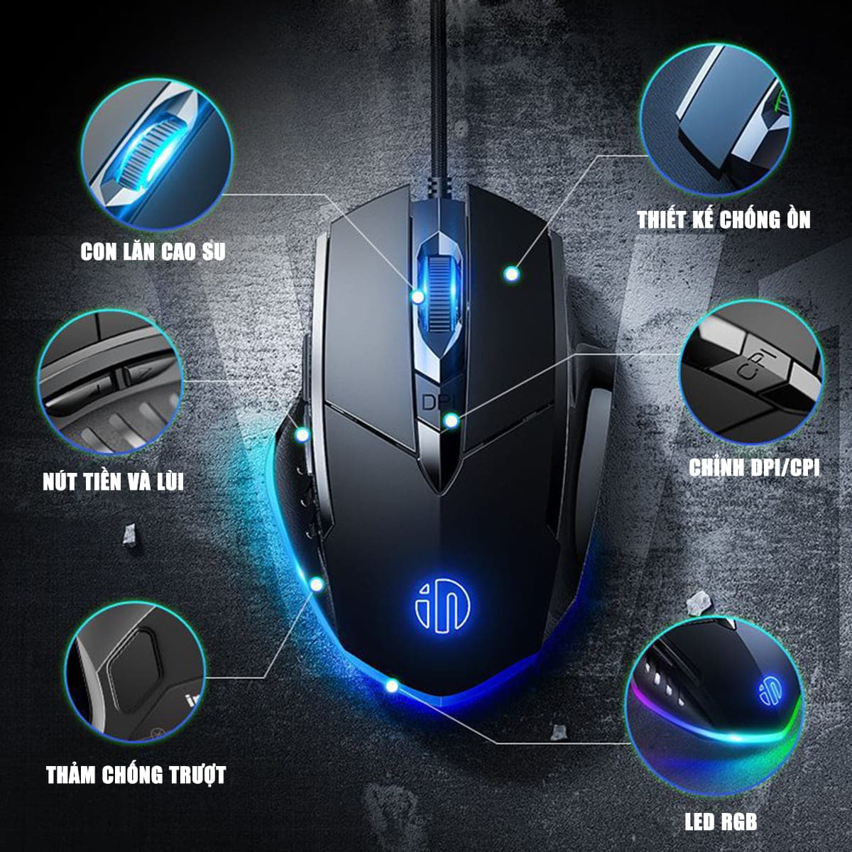 Chuột chơi Game Inphic W1 Pro 7200 DPI có dây kết nối USB - Chuột Inphic gaming FPS không tiếng ồn laptop máy tính - 3