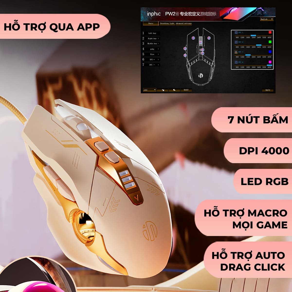 Chuột máy tính có dây Inphic W8 - Hồng Cute, Silent Click, DPI 7200, App tùy chỉnh cho game thủ văn phòng - 2