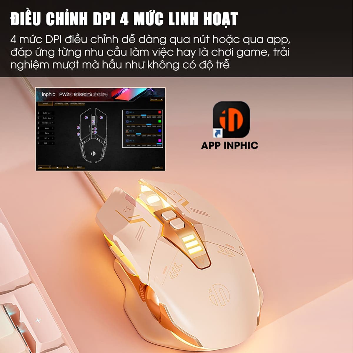 Chuột máy tính có dây Inphic W8 - Hồng Cute, Silent Click, DPI 7200, App tùy chỉnh cho game thủ văn phòng - 3