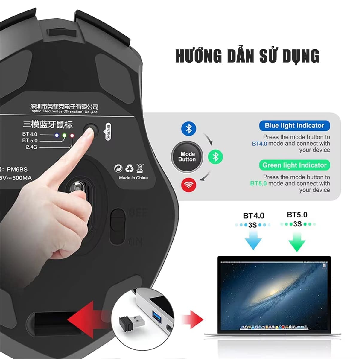 Chuột gaming không dây Inphic A1 pin sạc - Chuột Bluetooth Inphic A1 chơi game 2400 DPI máy tính laptop pc - 11