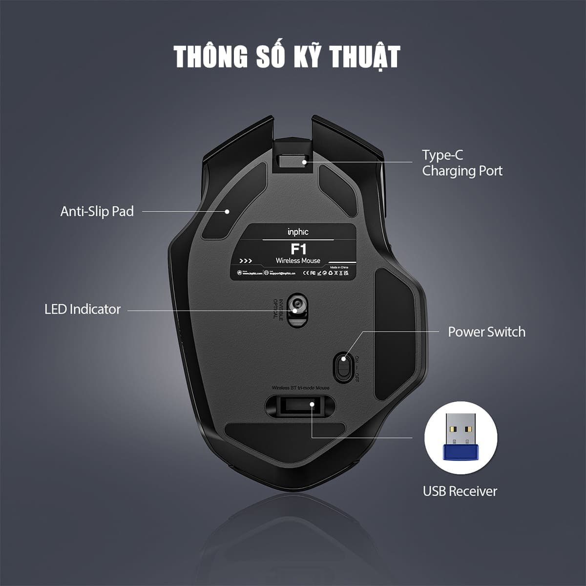 Chuột Inphic F1 V2 Gaming sạc pin - Chuột máy tính không dây Inphic F1 chơi game laptop pc giá rẻ Wireless - 10