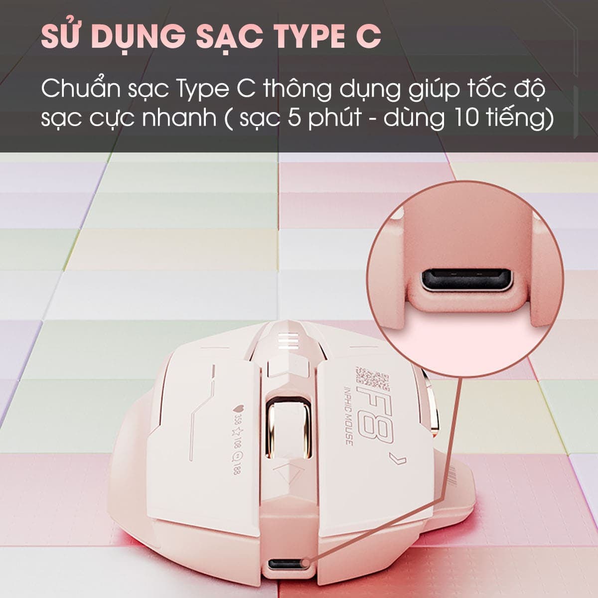 Chuột không dây Gaming Inphic F8 hồng trà sữa 2400 DPI, Silent Click, Sạc USB Type-C, Pin 500mAh - 11