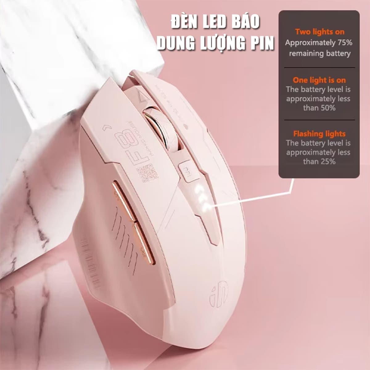 Chuột không dây Gaming Inphic F8 hồng trà sữa 2400 DPI, Silent Click, Sạc USB Type-C, Pin 500mAh - 12