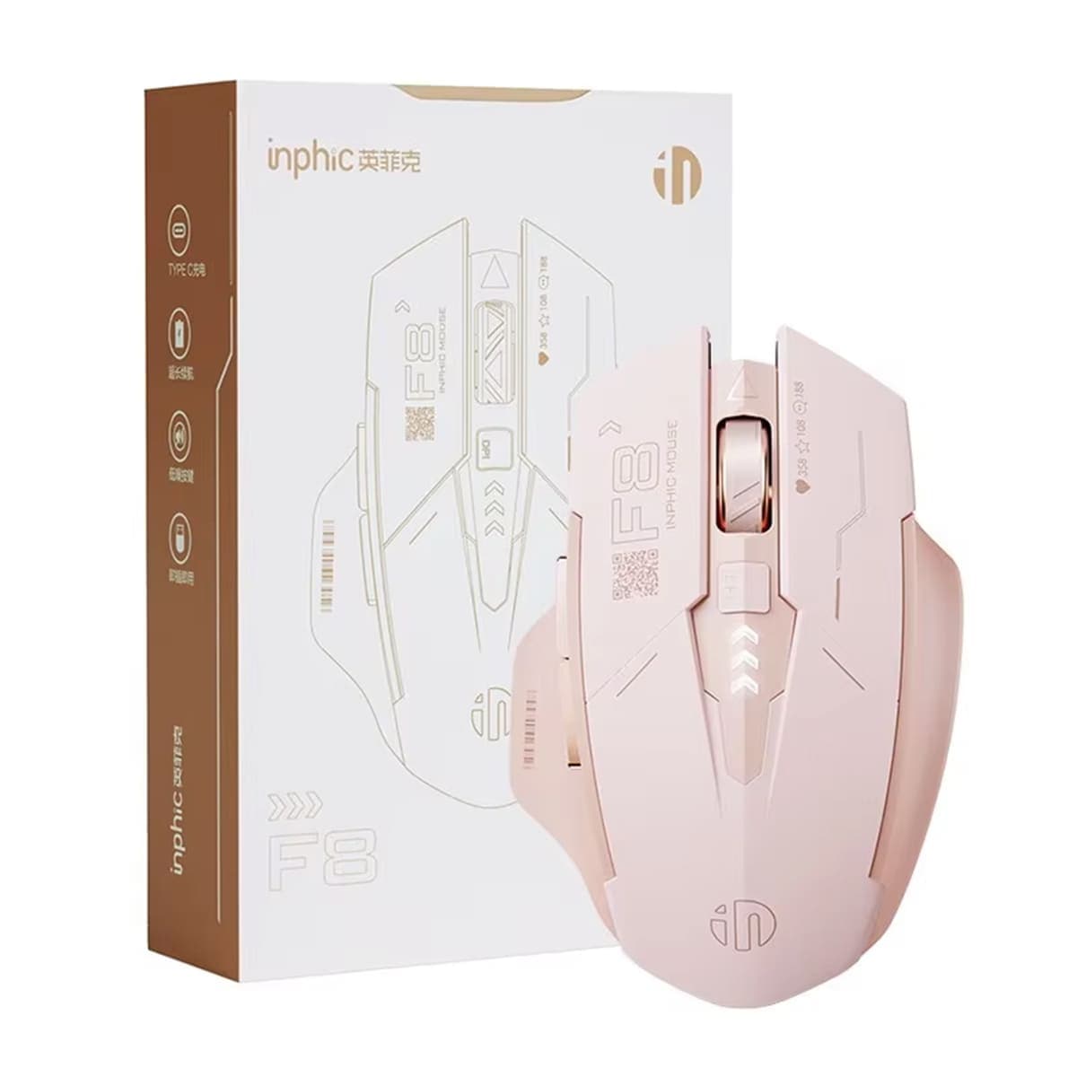 Chuột không dây Gaming Inphic F8 hồng trà sữa 2400 DPI, Silent Click, Sạc USB Type-C, Pin 500mAh - 2