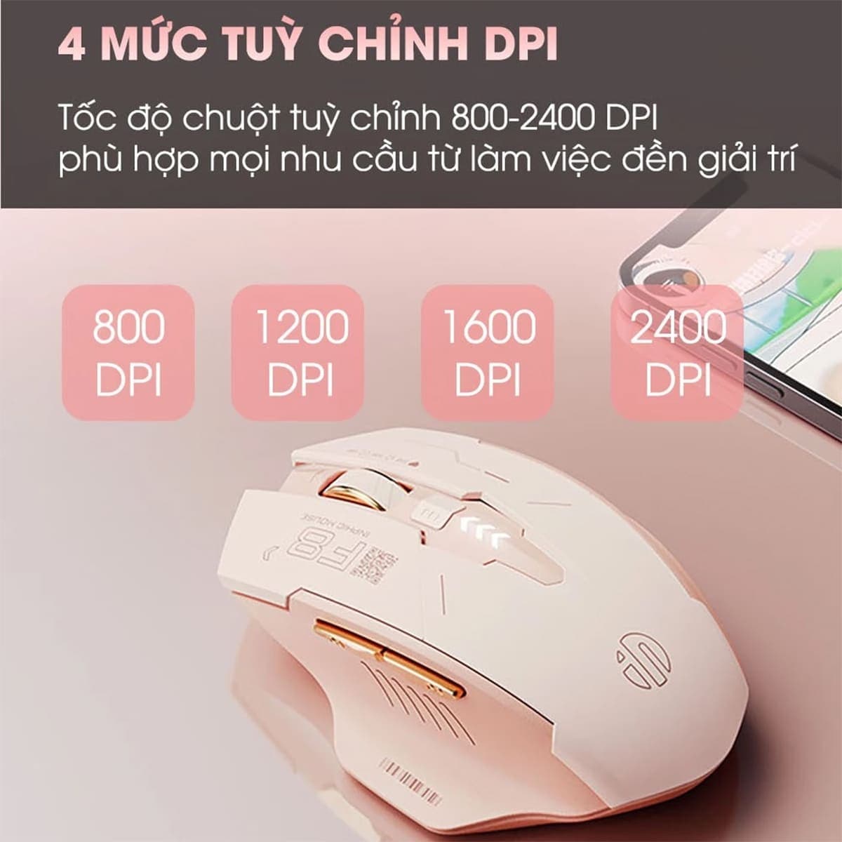 Chuột không dây Gaming Inphic F8 hồng trà sữa 2400 DPI, Silent Click, Sạc USB Type-C, Pin 500mAh - 9