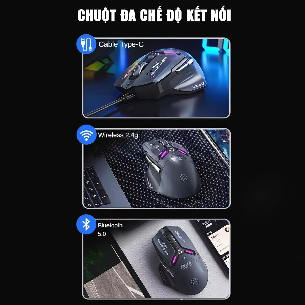Chuột không dây Bluetooth Gaming Inphic IN9 Pro 3 chế độ kết nối pin sạc có App tùy chỉnh 26000 DPI Led RGB - 5