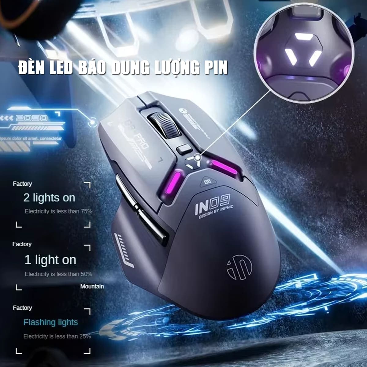 Chuột không dây Bluetooth Gaming Inphic IN9 Pro 3 chế độ kết nối pin sạc có App tùy chỉnh 26000 DPI Led RGB - 8