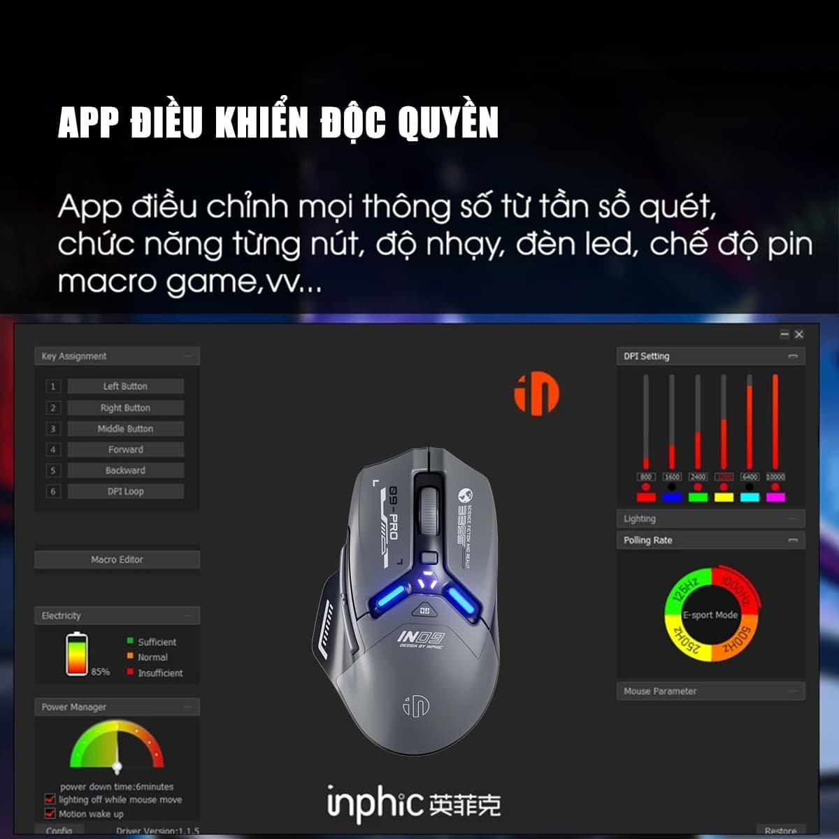 Chuột không dây Bluetooth Gaming Inphic IN9 Pro 3 chế độ kết nối pin sạc có App tùy chỉnh 26000 DPI Led RGB - 7