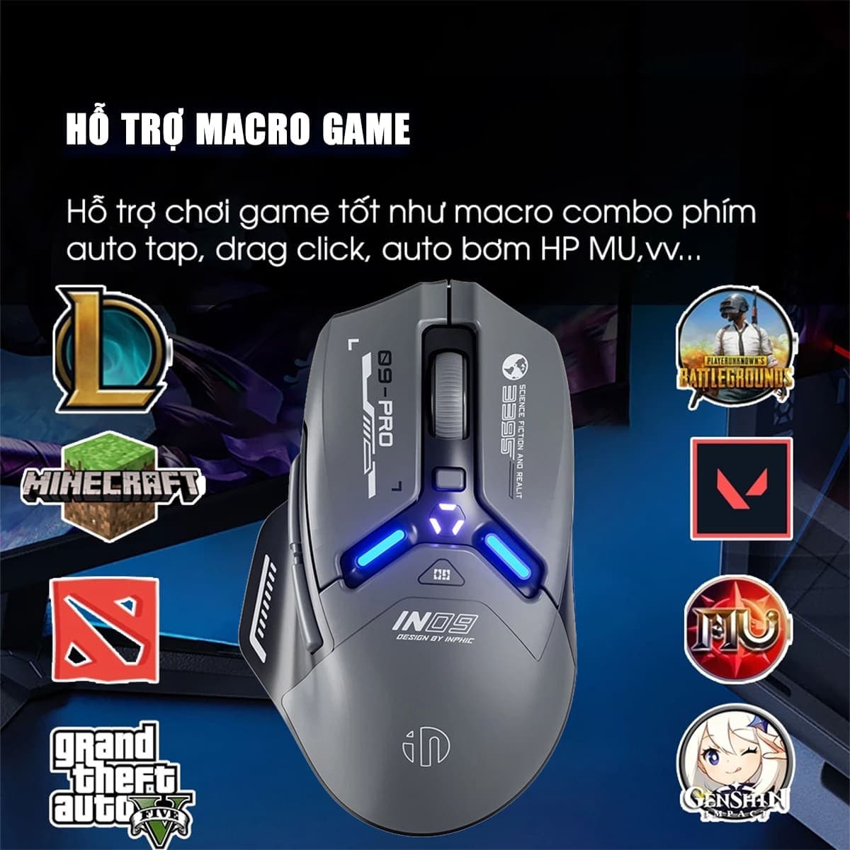 Chuột không dây Bluetooth Gaming Inphic IN9 Pro 3 chế độ kết nối pin sạc có App tùy chỉnh 26000 DPI Led RGB - 6
