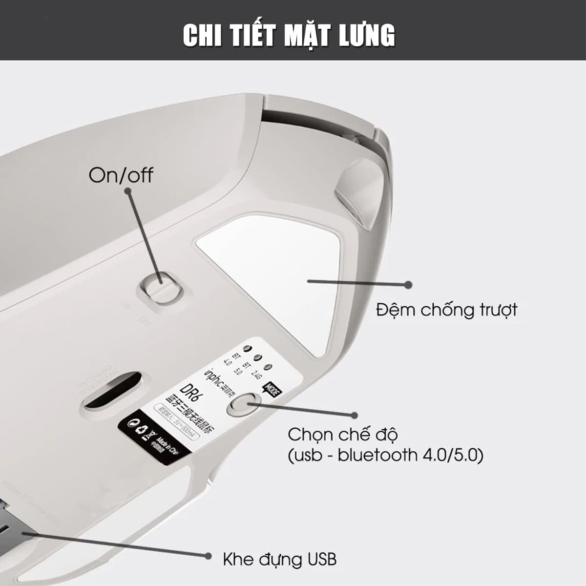 Chuột không dây Bluetooth Gaming Inphic DR6 Silent click 2400 DPI pin sạc 500mAh kết nối Wireless 2.4G Bluetooth 5.0 - 11