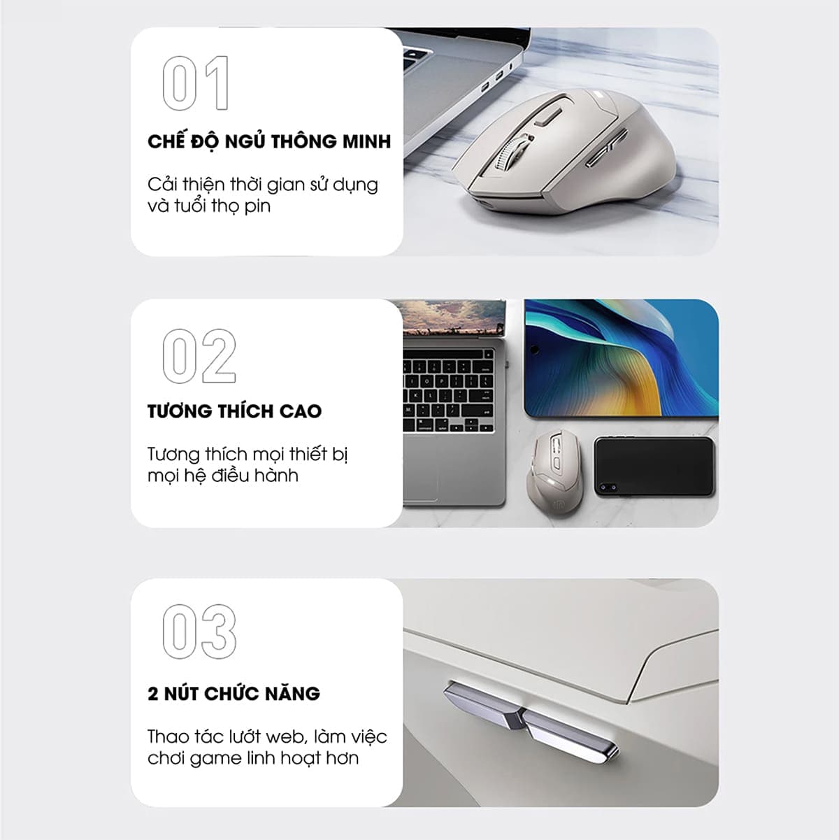 Chuột không dây Bluetooth Gaming Inphic DR6 Silent click 2400 DPI pin sạc 500mAh kết nối Wireless 2.4G Bluetooth 5.0 - 3