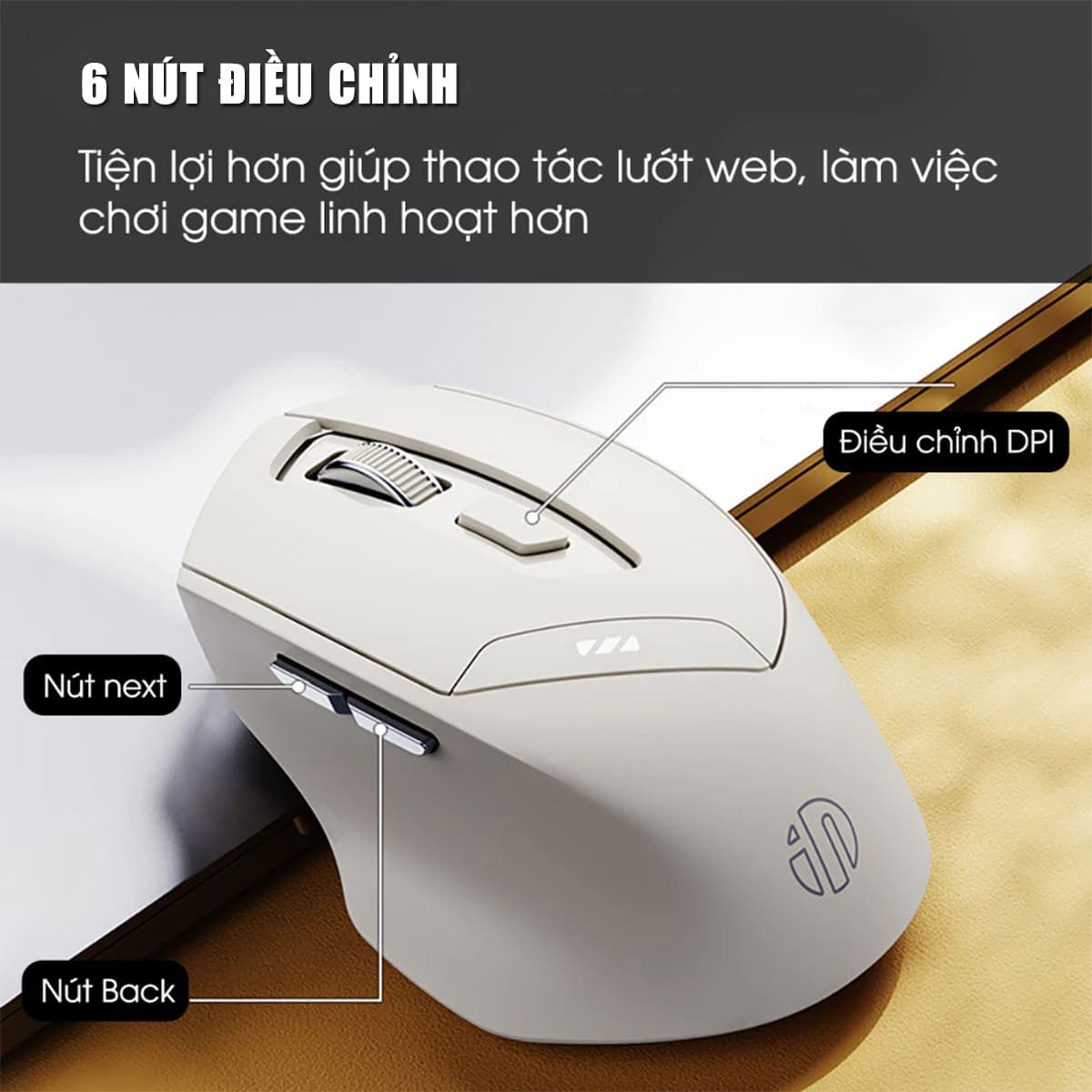 Chuột không dây Bluetooth Gaming Inphic DR6 Silent click 2400 DPI pin sạc 500mAh kết nối Wireless 2.4G Bluetooth 5.0 - 9