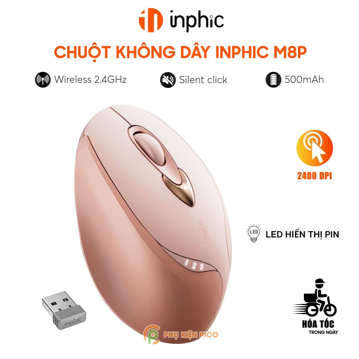 Chuột không dây Gaming Inphic M8 Plus hồng trà sữa - 2400 DPI, Silent Click, sạc USB Type-C, Pin 500mAh