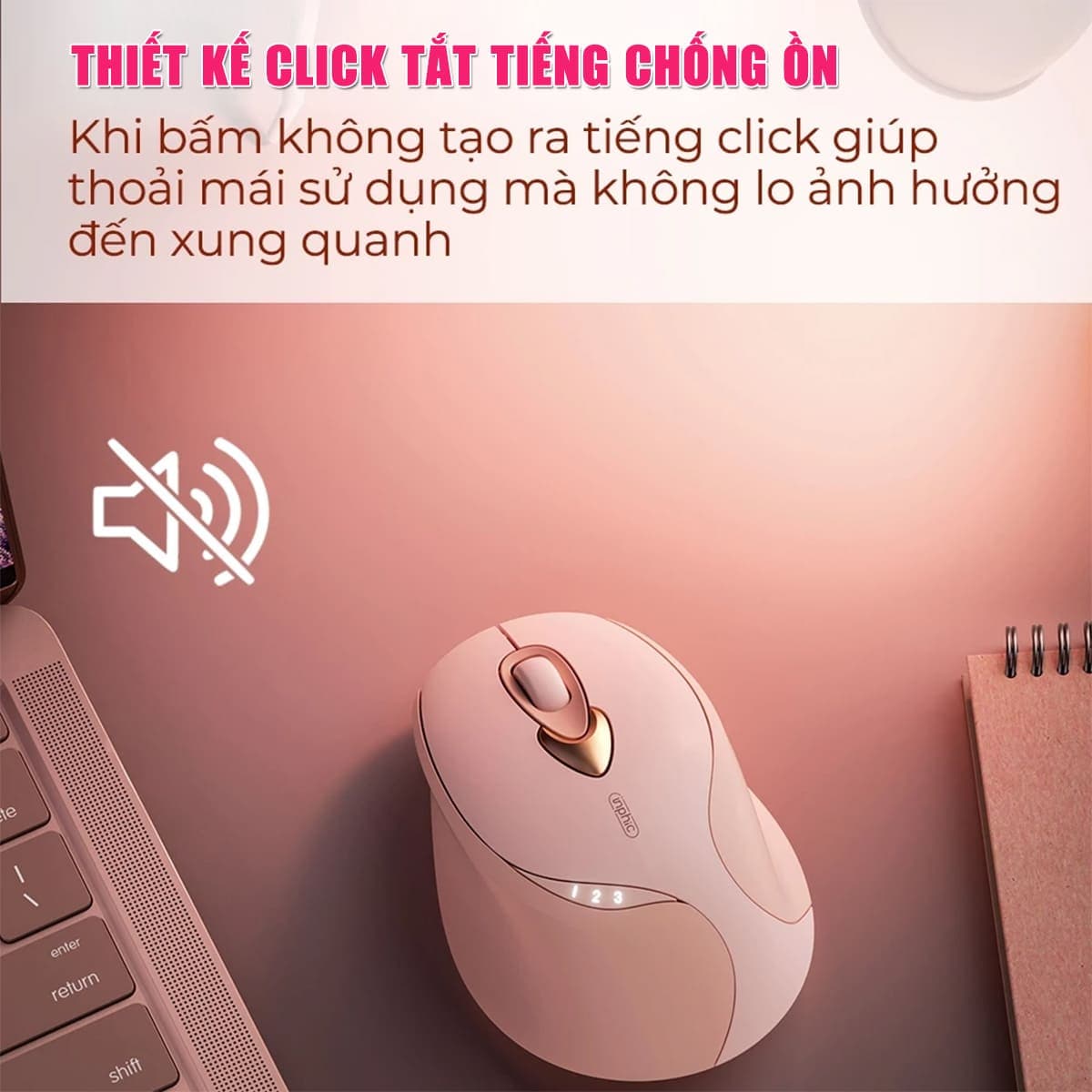 Chuột không dây Gaming Inphic M8 Plus hồng trà sữa - 2400 DPI, Silent Click, sạc USB Type-C, Pin 500mAh - 8