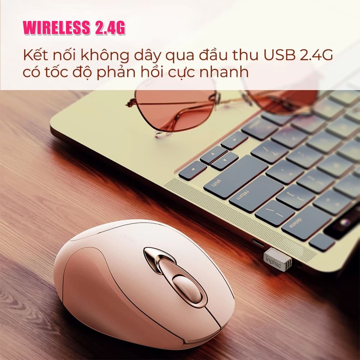 Chuột không dây Gaming Inphic M8 Plus hồng trà sữa - 2400 DPI, Silent Click, sạc USB Type-C, Pin 500mAh - 7