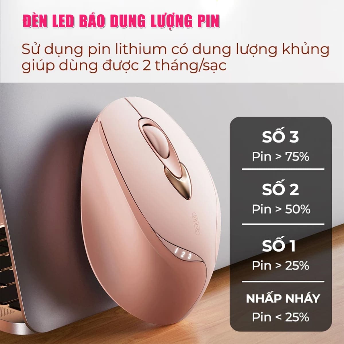 Chuột không dây Gaming Inphic M8 Plus hồng trà sữa - 2400 DPI, Silent Click, sạc USB Type-C, Pin 500mAh - 6