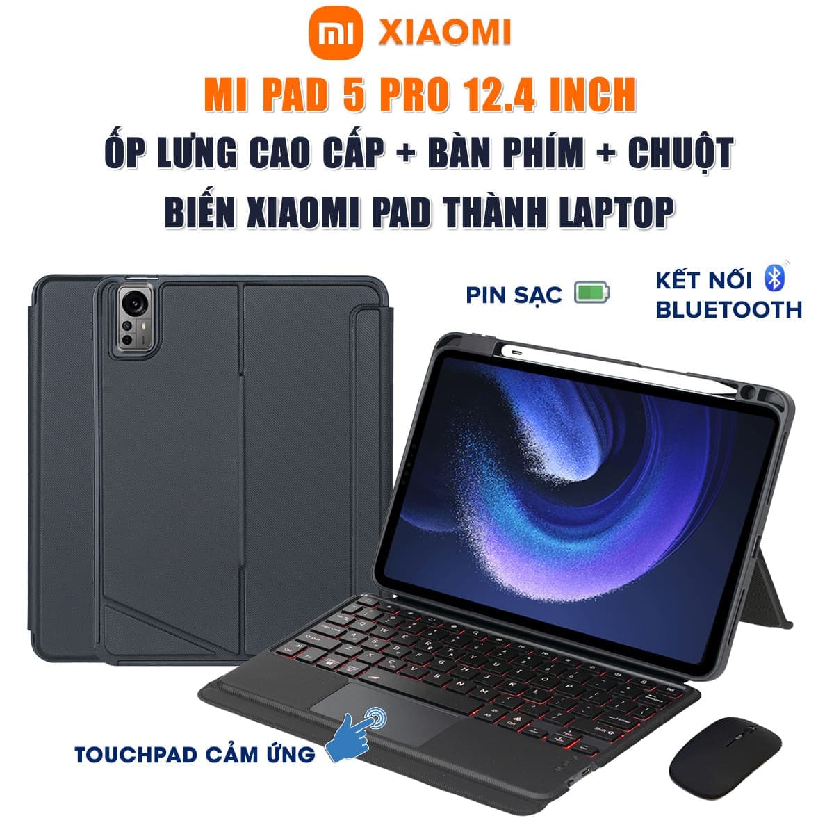 Ốp lưng Xiaomi Mi Pad 5 Pro 12.4 Inch bao da cao cấp kèm bàn phím chuột cảm ứng 720 độ tách rời linh hoạt