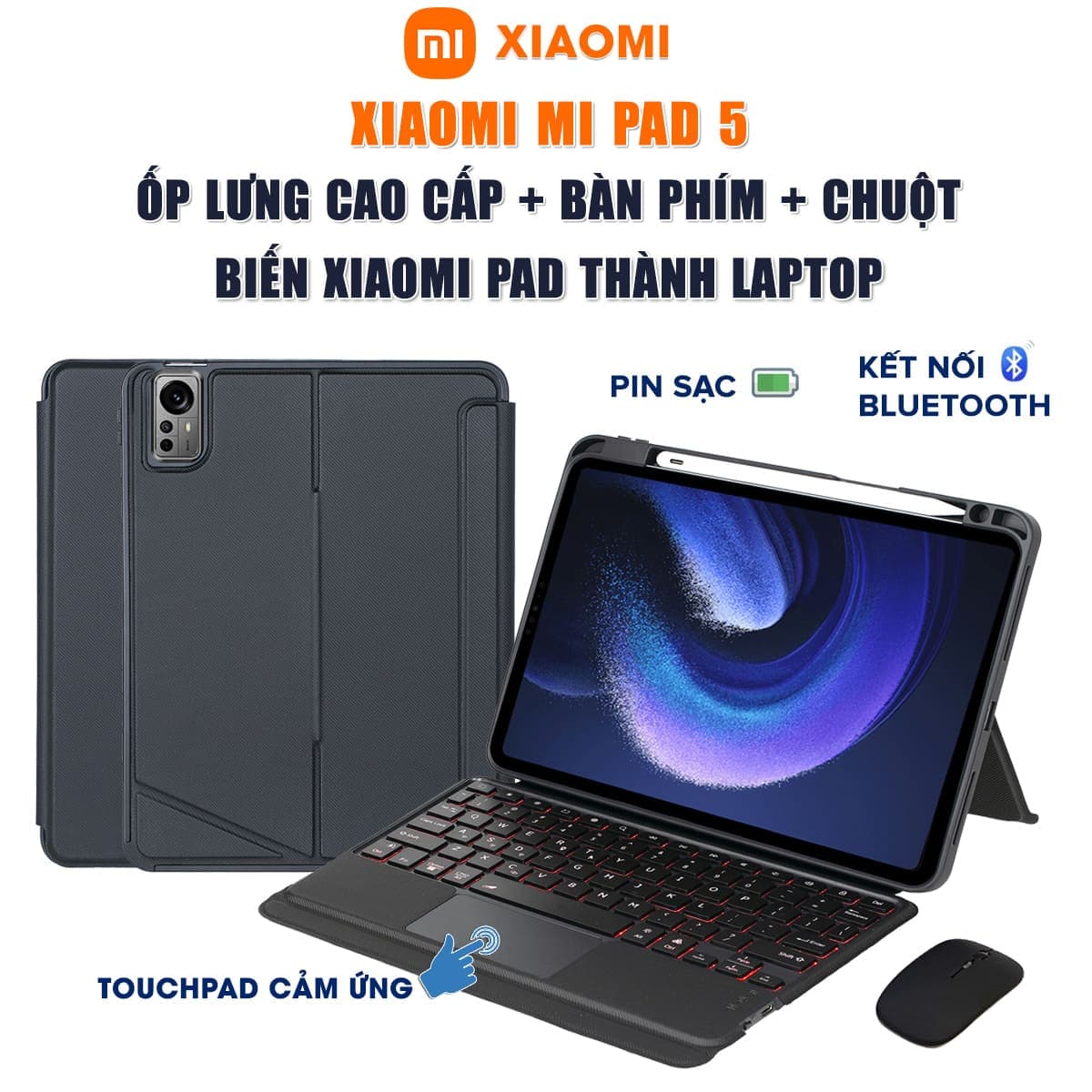 Ốp lưng Xiaomi Mi Pad 5 bao da cao cấp kèm bàn phím chuột cảm ứng 720 độ tách rời linh hoạt
