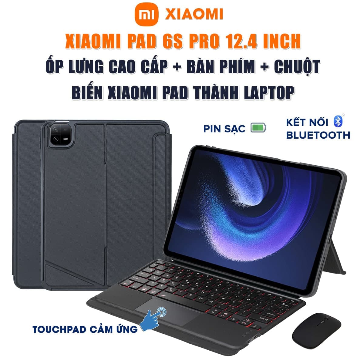 Ốp lưng Xiaomi Pad 6S Pro 12.4 Inch bao da cao cấp kèm bàn phím chuột cảm ứng 720 độ tách rời linh hoạt