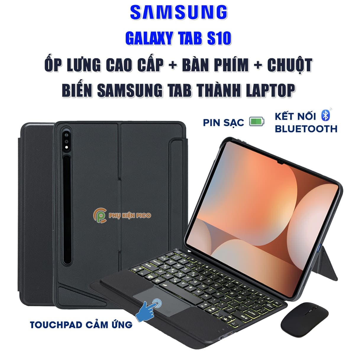Ốp lưng Samsung Galaxy Tab S10 bao da cao cấp kèm bàn phím chuột cảm ứng 720 độ tách rời linh hoạt