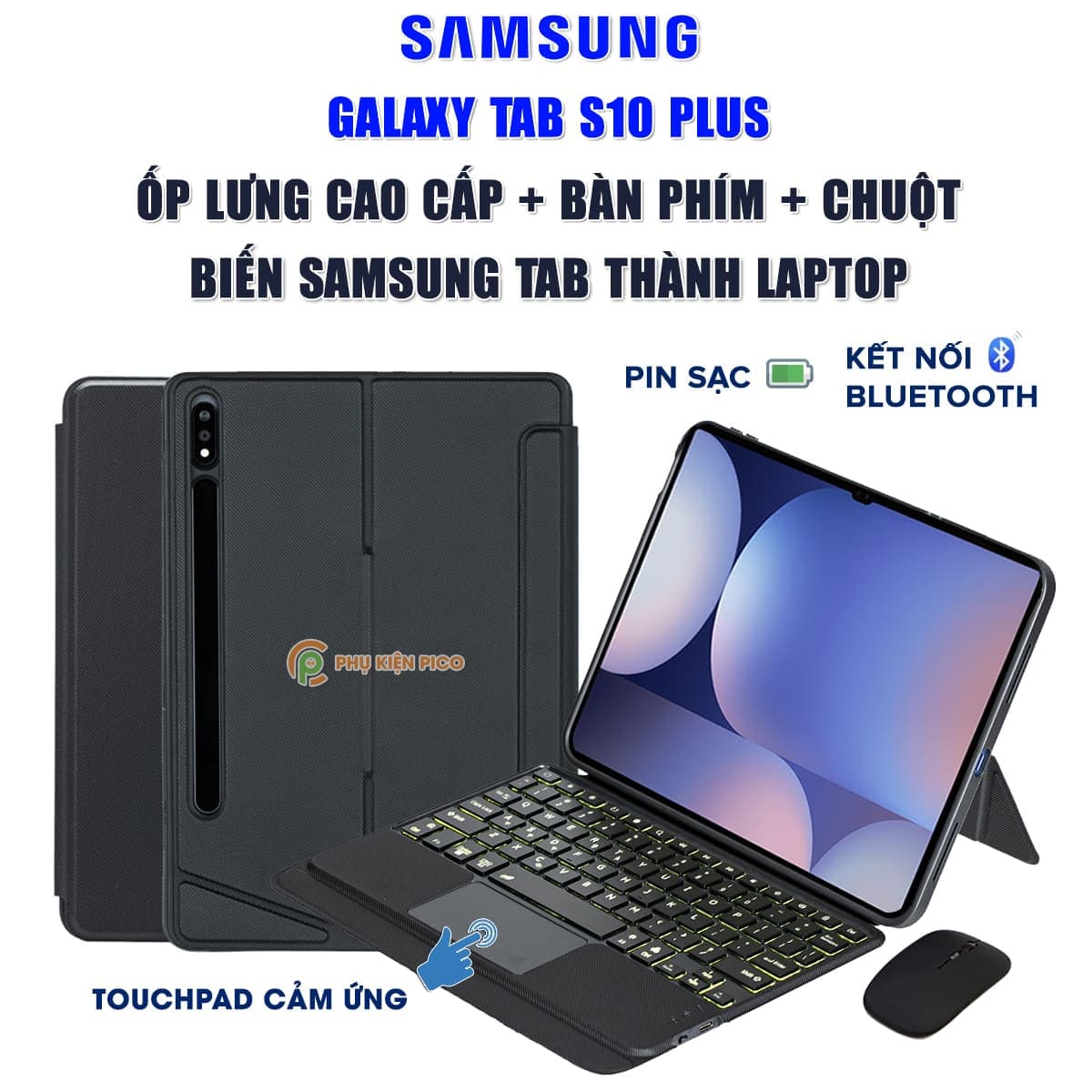 Ốp lưng Samsung Galaxy Tab S10 Plus bao da cao cấp kèm bàn phím chuột cảm ứng 720 độ tách rời linh hoạt