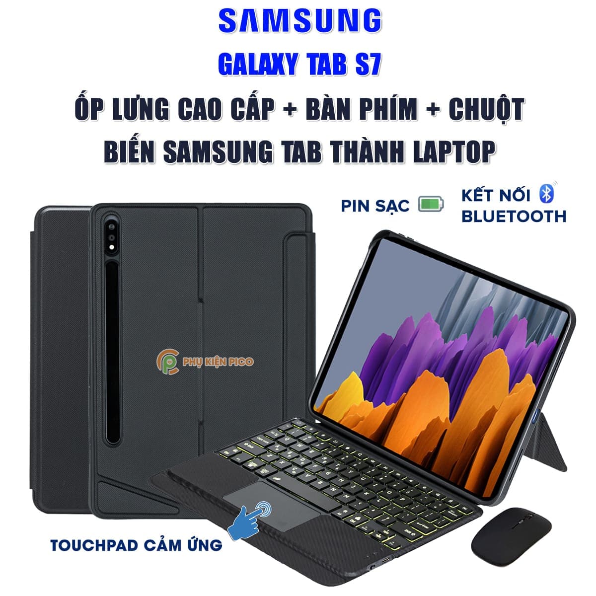 Ốp lưng Samsung Galaxy Tab S7 bao da cao cấp kèm bàn phím chuột cảm ứng 720 độ tách rời linh hoạt