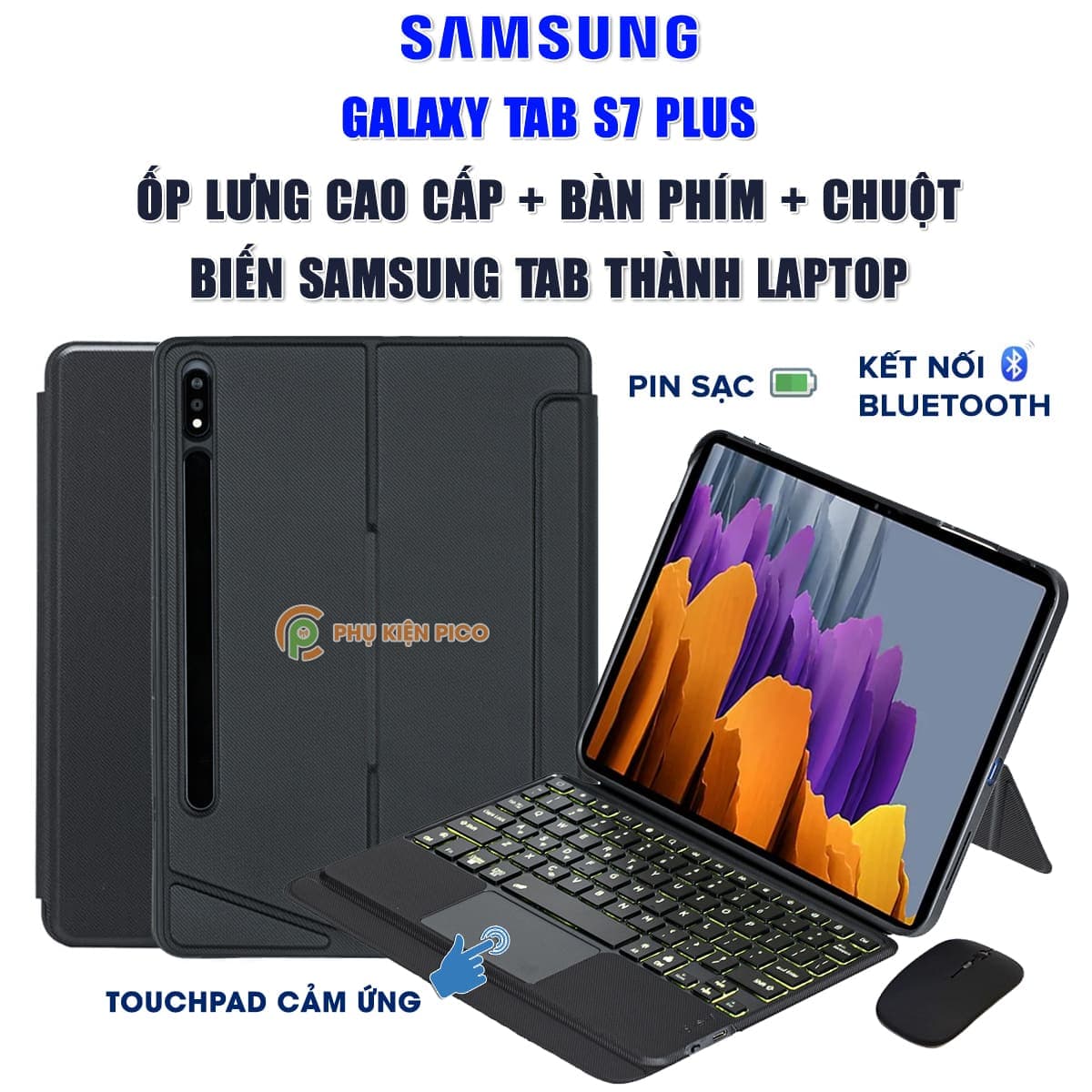 Ốp lưng Samsung Galaxy Tab S7 Plus bao da cao cấp kèm bàn phím chuột cảm ứng 720 độ tách rời linh hoạt