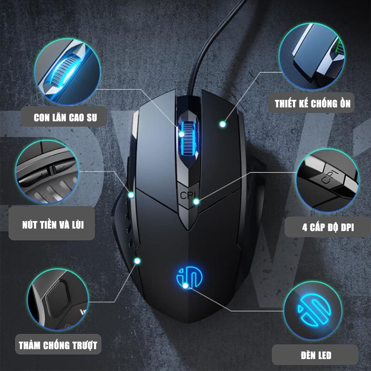 Chuột chơi game có dây Inphic W1 4800 DPI kết nối USB bấm êm - Chuột Inphic gaming siêu rẻ không tiếng ồn laptop máy tính - 11