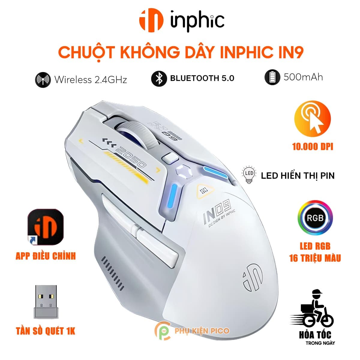 Chuột không dây Bluetooth Gaming Inphic IN9 3 chế độ kết nối pin sạc có App tùy chỉnh 10.000 DPI Led RGB