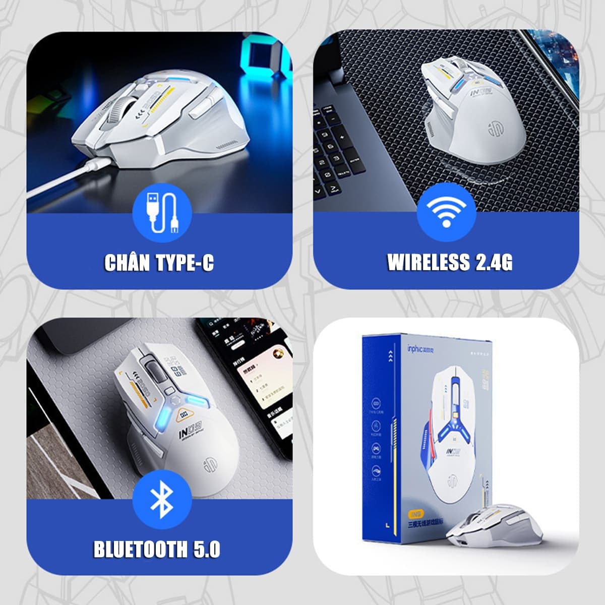 Chuột không dây Bluetooth Gaming Inphic IN9 3 chế độ kết nối pin sạc có App tùy chỉnh 10.000 DPI Led RGB - 12