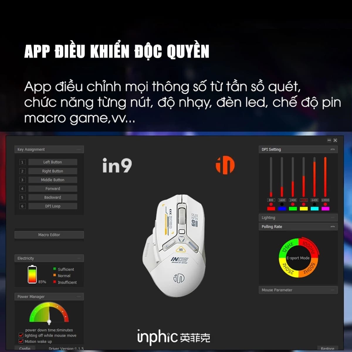 Chuột không dây Bluetooth Gaming Inphic IN9 3 chế độ kết nối pin sạc có App tùy chỉnh 10.000 DPI Led RGB - 9